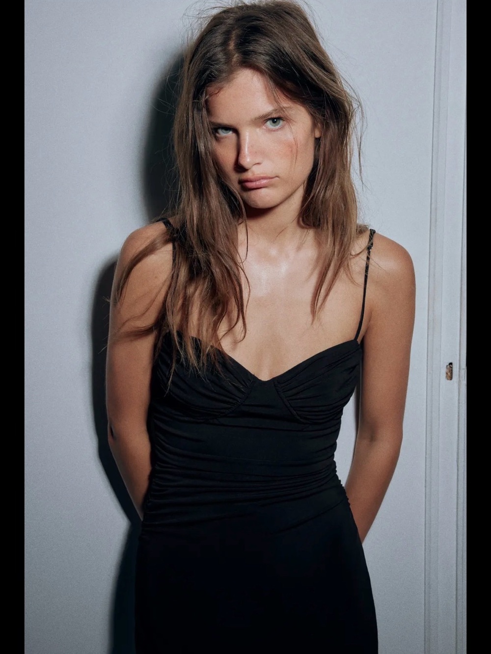 R Zara Black Slip Dress with Brown Heel Accents